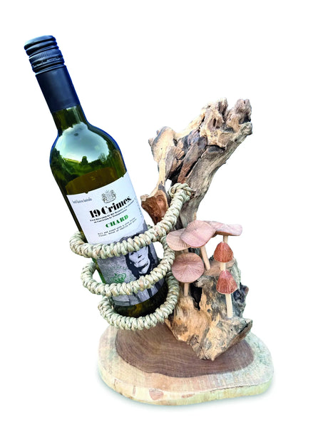 DRIFTWOOD WINE BOTTLE HOLDER WITH MUSHROOM FOREST