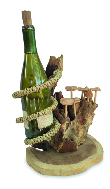 DRIFTWOOD WINE BOTTLE HOLDER WITH MUSHROOM FOREST