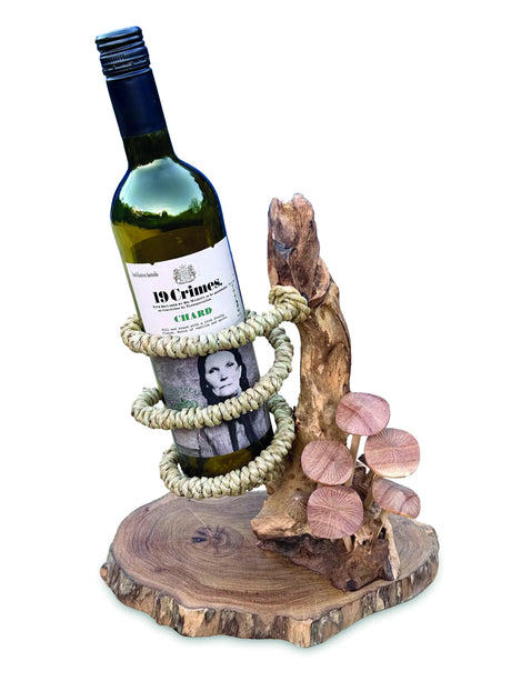 DRIFTWOOD WINE BOTTLE HOLDER WITH MUSHROOM FOREST