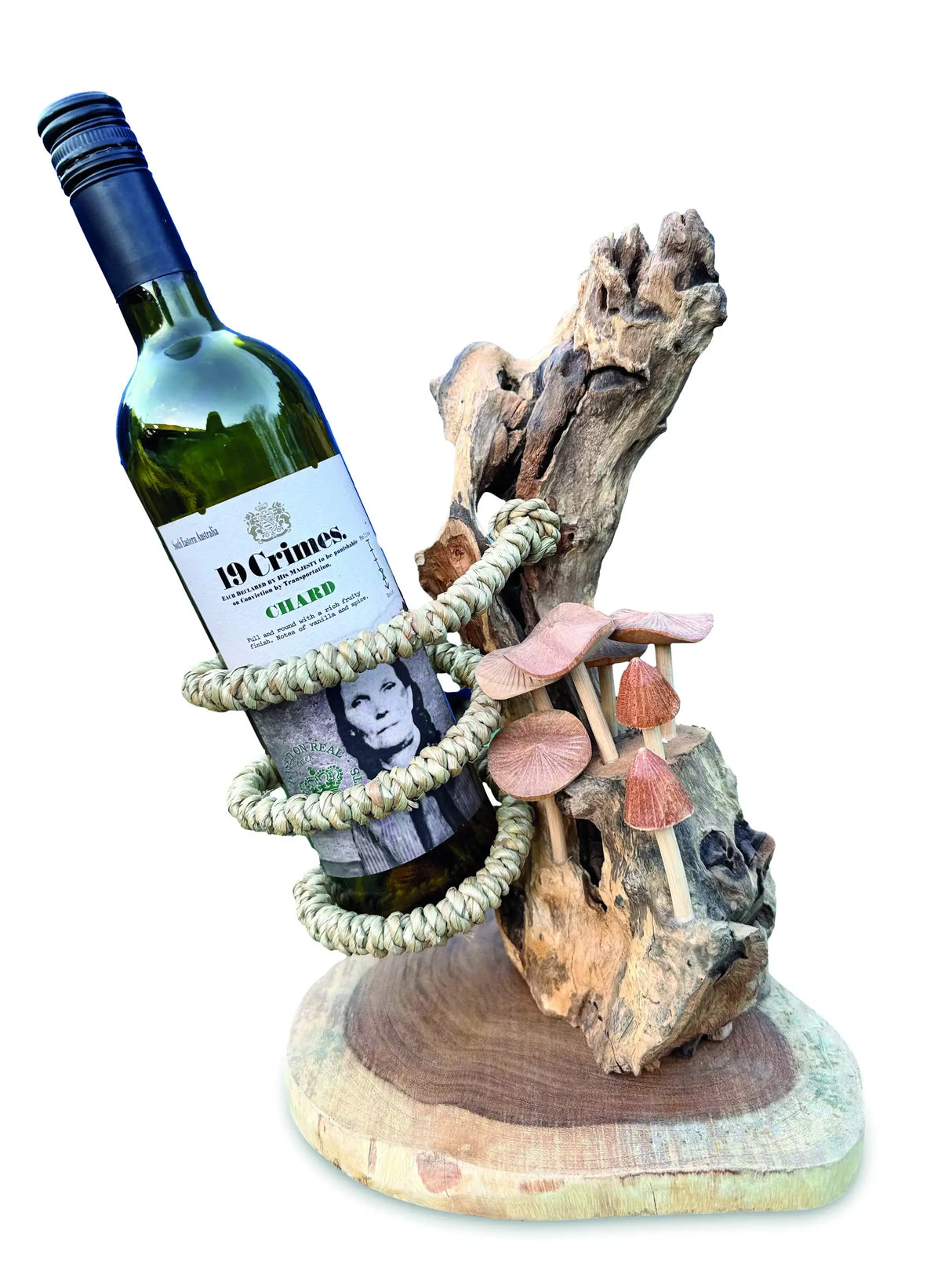 DRIFTWOOD WINE BOTTLE HOLDER WITH MUSHROOM FOREST