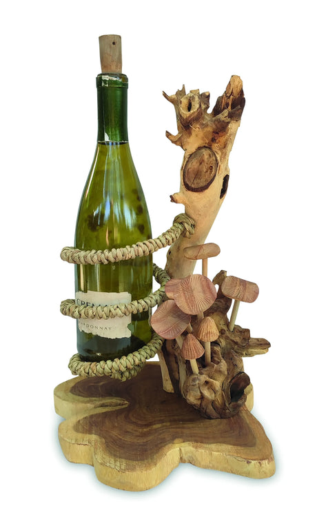 DRIFTWOOD WINE BOTTLE HOLDER WITH MUSHROOM FOREST