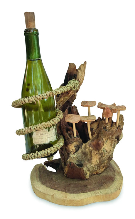 DRIFTWOOD WINE BOTTLE HOLDER WITH MUSHROOM FOREST