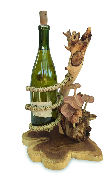 DRIFTWOOD WINE BOTTLE HOLDER WITH MUSHROOM FOREST
