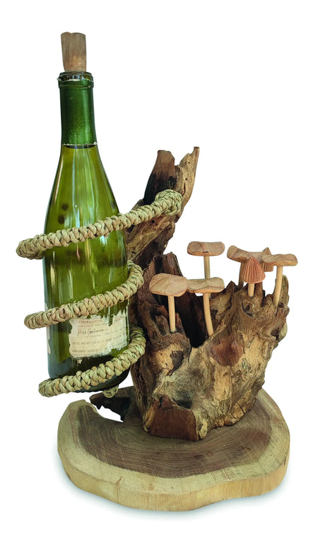 DRIFTWOOD WINE BOTTLE HOLDER WITH MUSHROOM FOREST