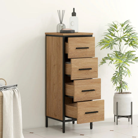 HOMCOM Narrow Bathroom Storage Cabinet with 4 Drawers - Oak