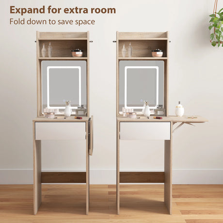 HOMCOM Small Vanity Desk with Mirror and LED Lights, Compact Dressing Table with Drop Leaf, Open Shelves, Natural Wood
