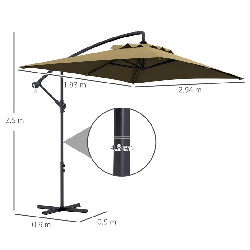 Outsunny 3m Square Canopy Cantilever Parasol, with Cross Base - Brown