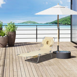 Outsunny Foldable Sun Lounger, Beach Chaise Lounge with Reading Hole, Arm Slots, 5-Position Adjustable Backrest, Side Pocket, Pillow for Garden, Beach, Pool, Beige