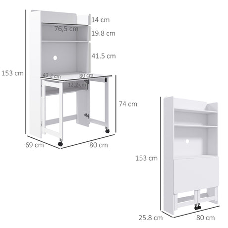 HOMCOM Foldable Desktop, Computer Desk with Storage Shelves, 80 x 69 x 155 cm, White