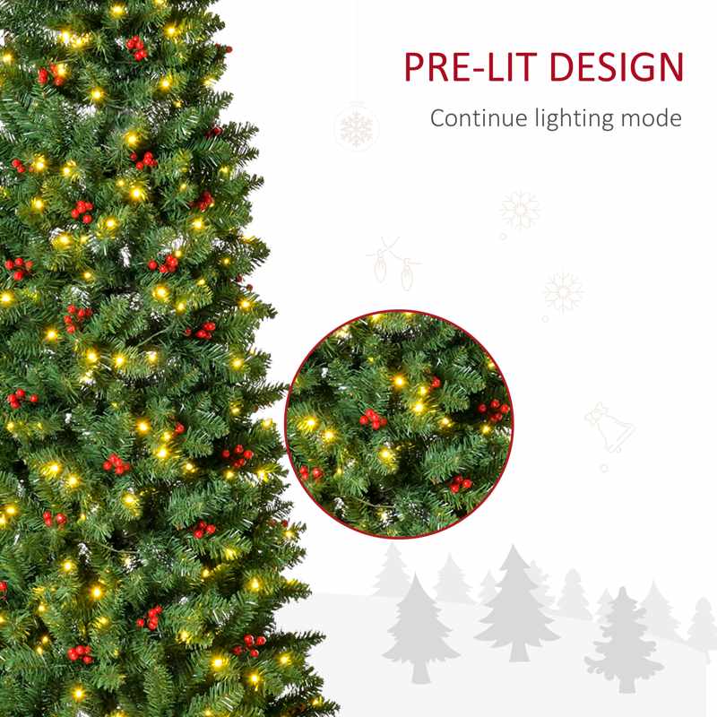 HOMCOM 7FT Prelit Artificial Pencil Christmas Tree with Warm White LED Light, Red Berry, Holiday Home Xmas Decoration, Green