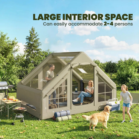 Outsunny Inflatable Camping Tent with Pump and Stove Jack Hole, Luxury Inflatable Tent with Mesh Windows, Doors, Olive Green