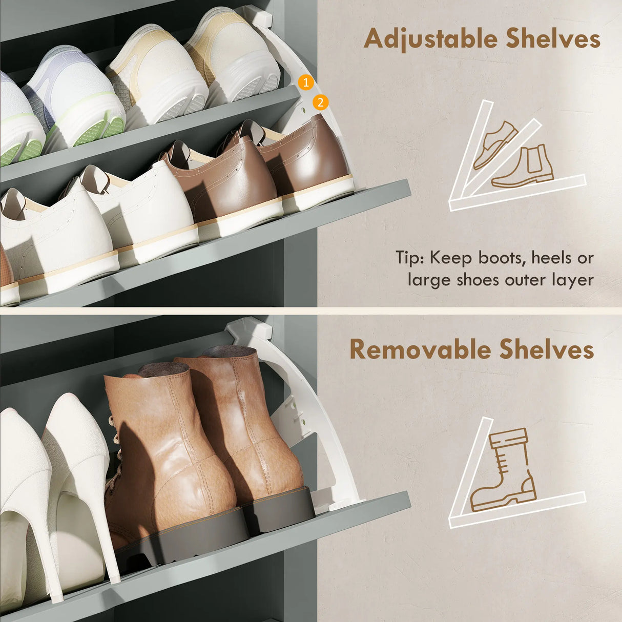 HOMCOM Slim Shoe Cabinet, Narrow Shoe Cupboard with 3 Flip Drawers, Adjustable Shelves for 18 Pairs of Shoes, Light Grey