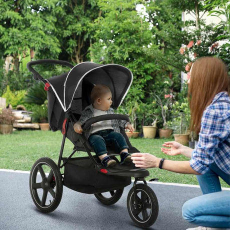 HOMCOM Foldable Three-Wheeler Baby Stroller w/ Canopy, Storage Basket - Black