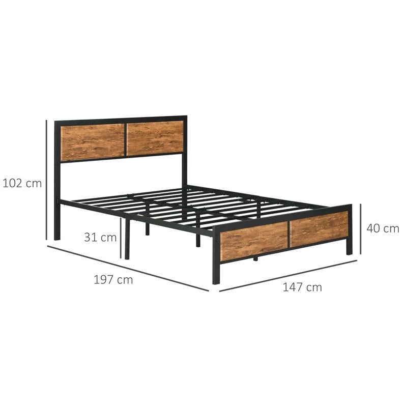 HOMCOM Industrial King Size Bed Frame, 5FT Steel Bed Base with Headboard, Footboard, Slatted Support and Under Bed Storage, 160 x 207cm, Rustic Brown