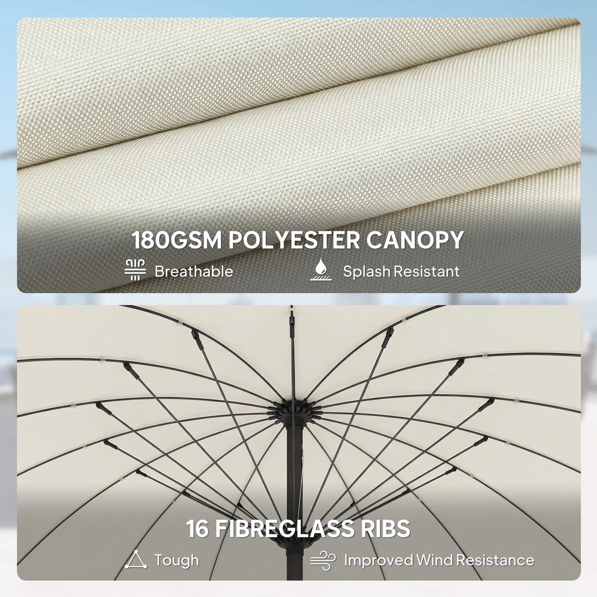 Outsunny 2 m Shanghai Garden Parasol Umbrella with 16 Fibreglass Ribs, Outdoor Parasol Sun Shade with Crank & Tilt, Cream White