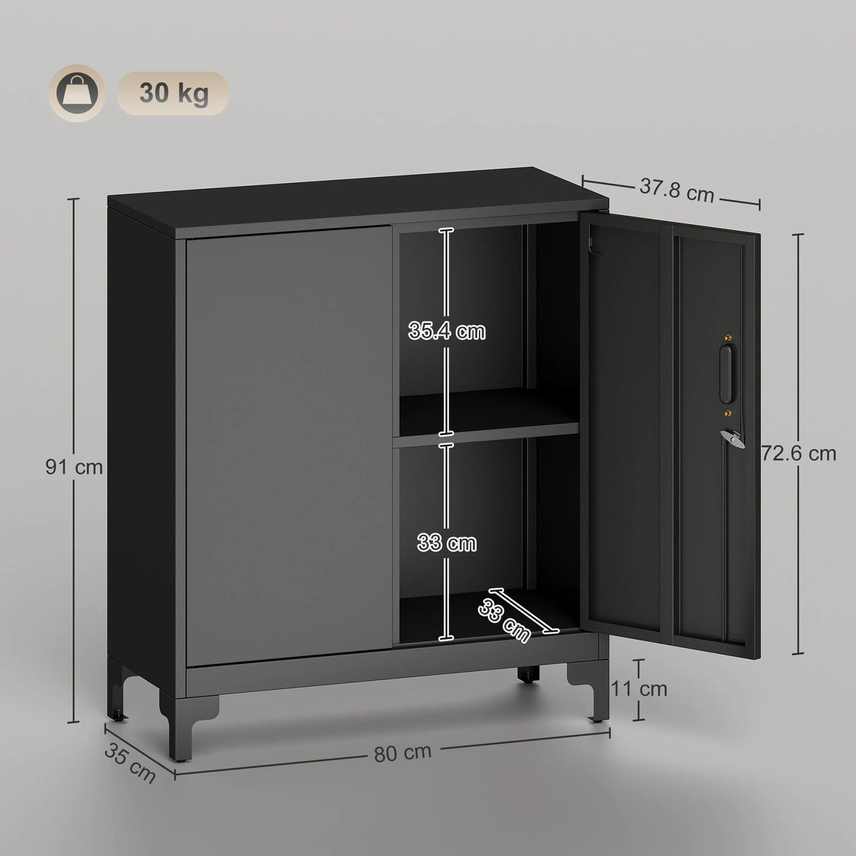 HOMCOM Lockable Metal Filing Cabinet, 2-Tier Storage Cupboard with Double Doors, Modern Office Organiser, Black