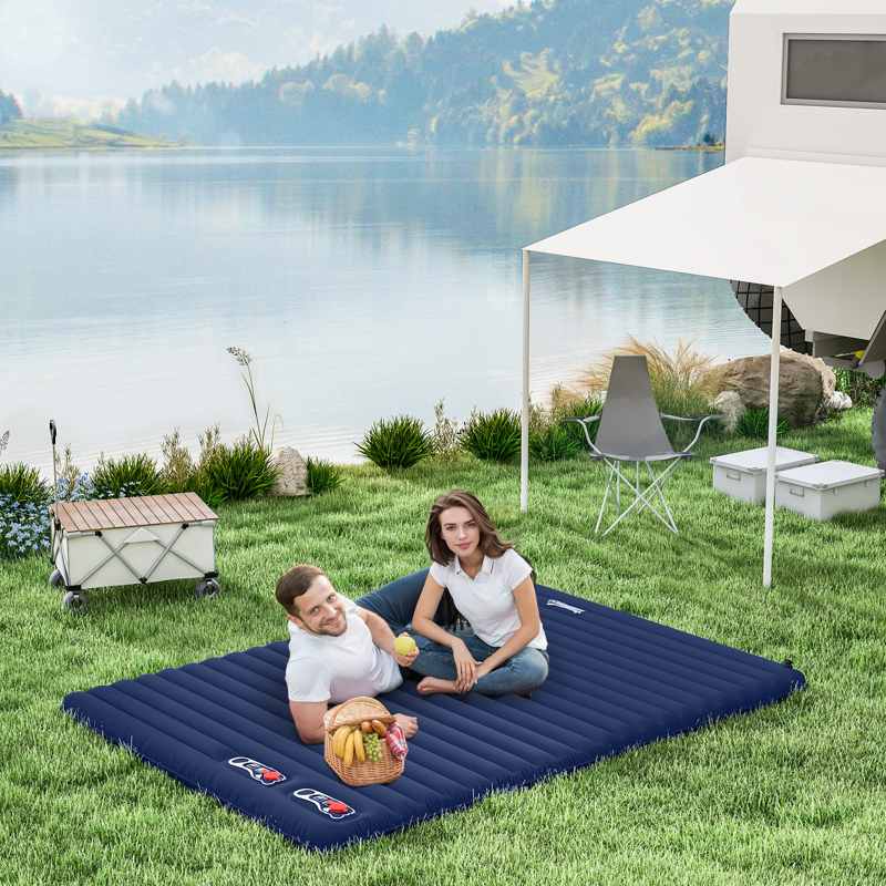 Outsunny 2 Person Camping Inflating Sleeping Mat Inflatable Mattress Ultralight Folding Bed Portable Air Bed for Outdoor Backpacking Hiking Travel - Blue