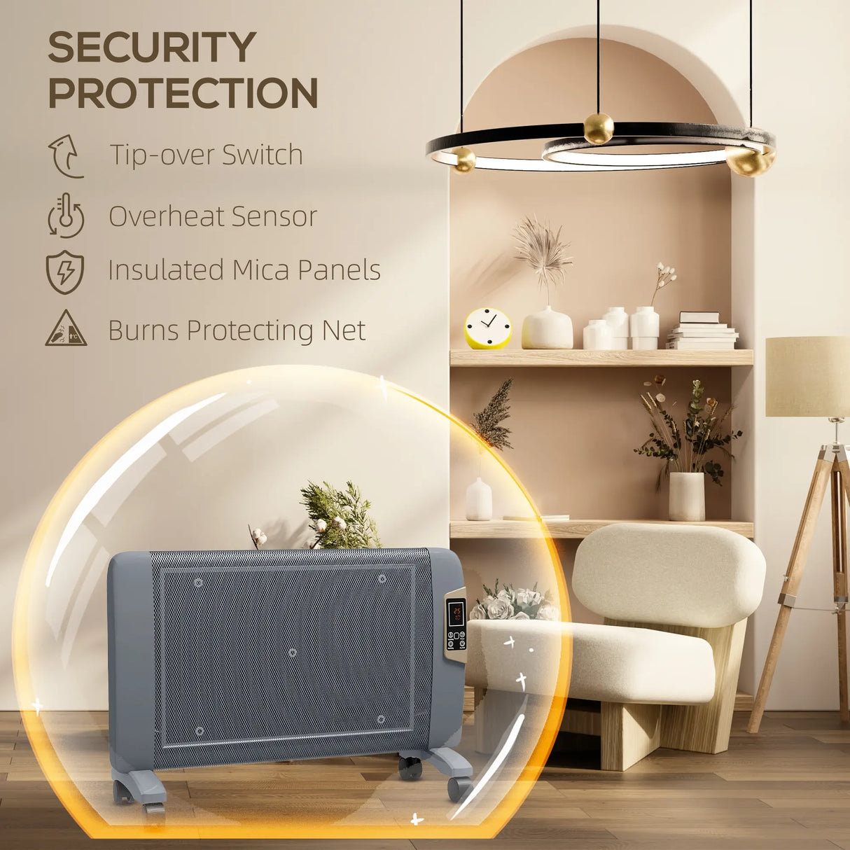 HOMCOM Mica Electric Space Heater, Portable Heater for Home with 2 Heat Settings, Living Room, Study, Garage, Adjustable Temperature 18-30C, 1000W/2000W, Grey