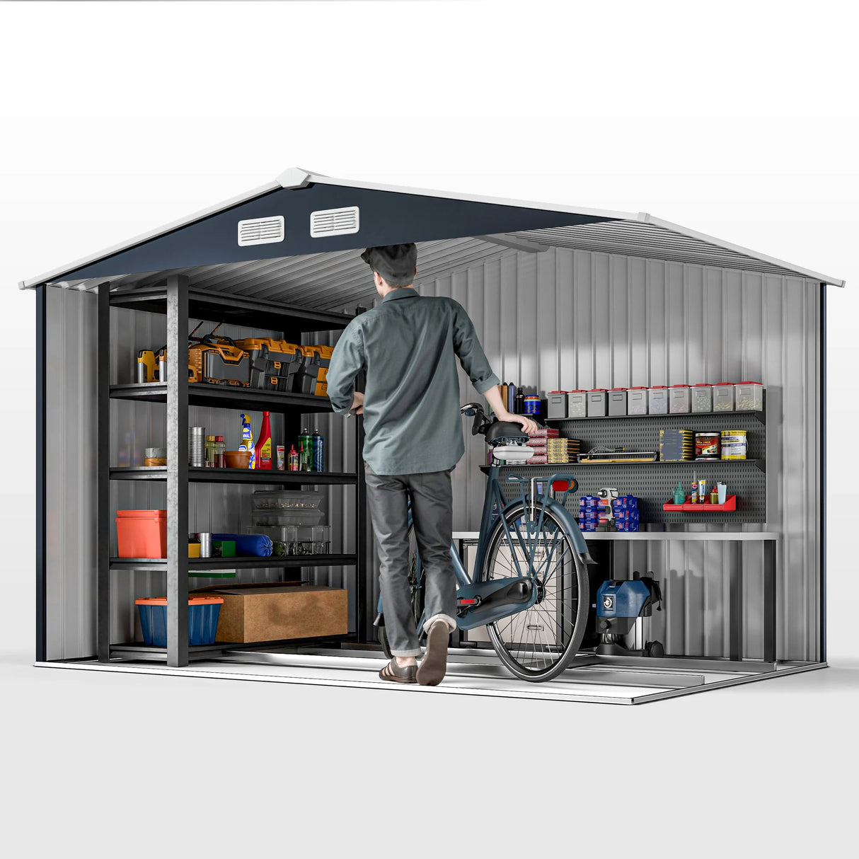 Outsunny 9 x 6ft Metal Bicycle Shed, Outdoor Storage Tool House with Ventilation Slots, Foundation Kit and Lockable Double Doors, Dark Grey