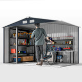 Outsunny 9 x 6ft Metal Bicycle Shed, Outdoor Storage Tool House with Ventilation Slots, Foundation Kit and Lockable Double Doors, Dark Grey