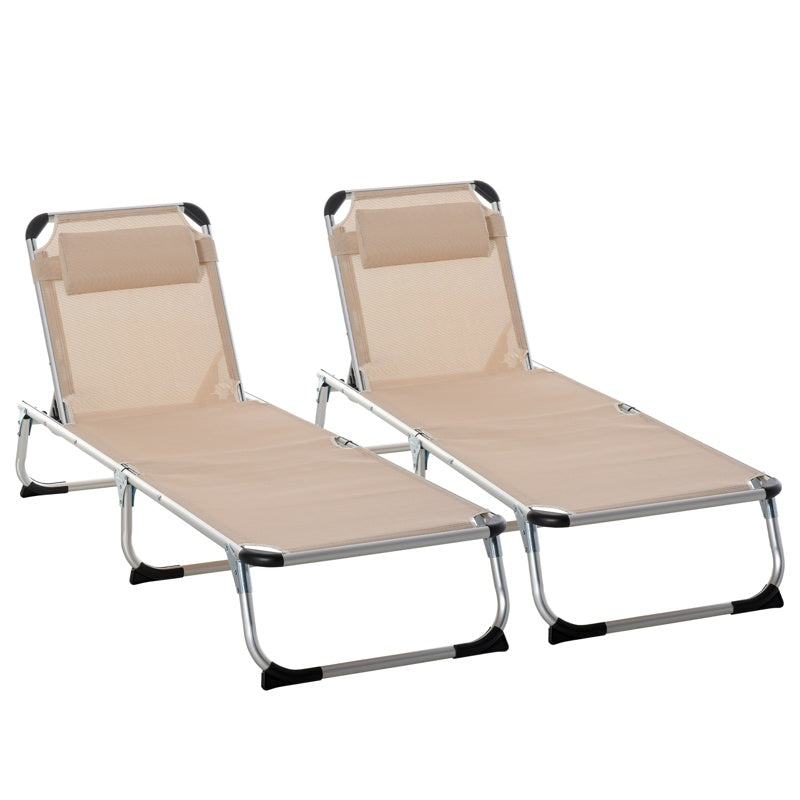 Outsunny 2 Pieces Foldable Outdoor Sun Lounger with Pillow, 5-Level Adjustable Reclining Lounge Chair, Aluminium Frame Camping Bed Cot, Khaki