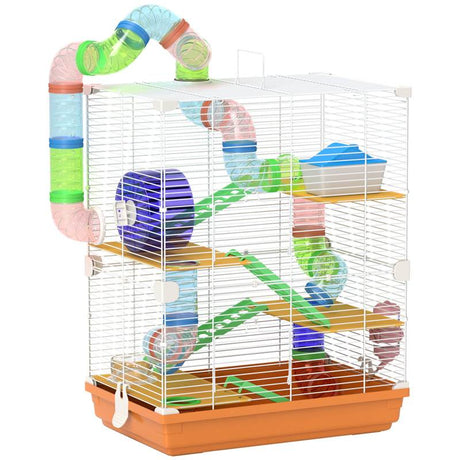 PawHut 5 Tier Hamster Cage Carrier Habitat w/ Exercise Wheels, Tunnel, Orange