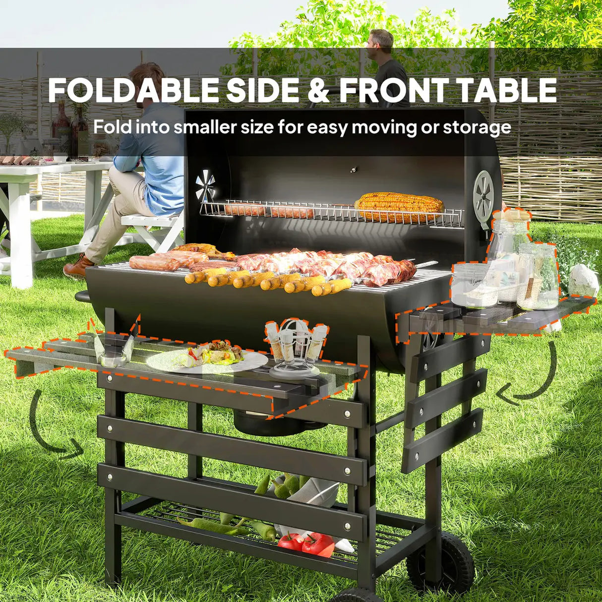 Outsunny Charcoal BBQ Grill with Foldable Front Side Shelf, Portable Barbecue Smoker with Warming Rack, Bottom Shelf, Lid, Temperature Gauge, Wheels for Outdoor Cooking Garden Party, Black