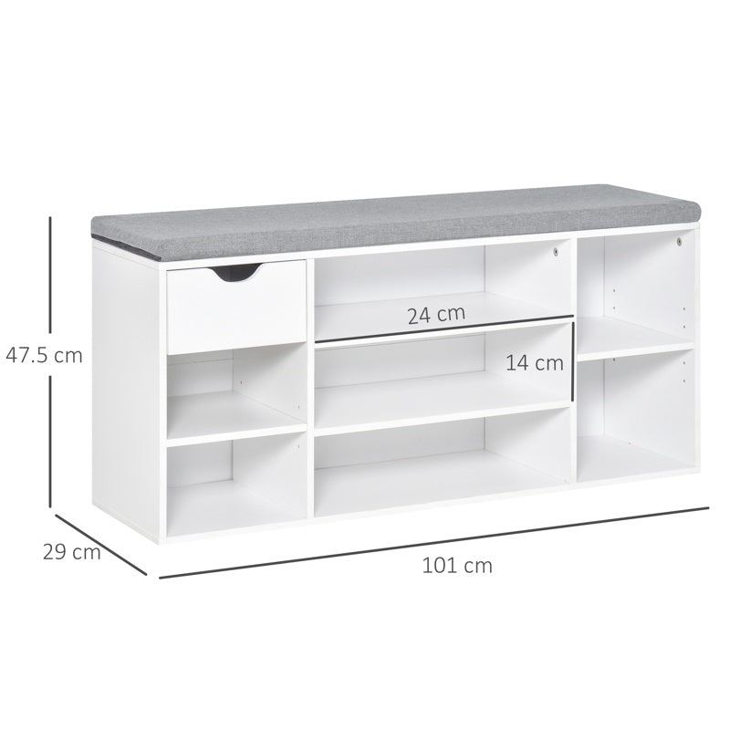 HOMCOM Shoe Bench with Seat Cushion Shoe Storage Cabinet with 7 Compartments Drawer Adjustable Shelves for Entryway Hallway Living Room White and Grey