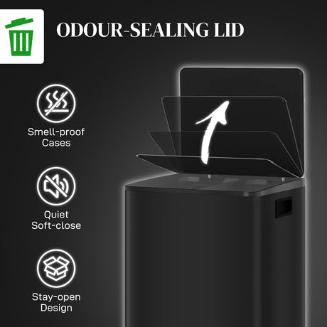 HOMCOM 50L Dual Compartment Stainless Steel Bin, with Deodoriser Holders - Black