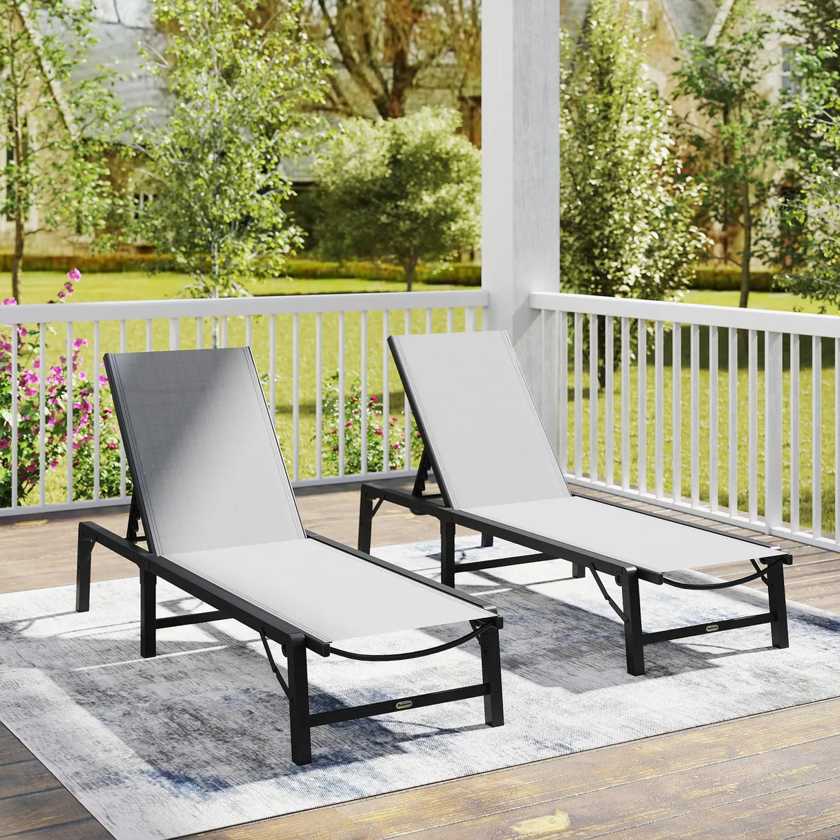 Outsunny Folding Sun Lounger Set of 2, 5-Position Adjustable Reclining Garden Loungers, Garden Chaise Lounge Sunbed Recliner Chairs with Steel Frame for Beach, Porch, Patio, Camping, Light Grey