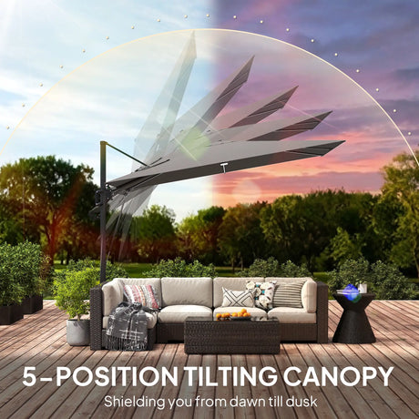Outsunny 3 x 3 m Garden Cantilever Parasol w/ Light, Cover, UPF50+ Patio Umbrella w/ Wind Protection, 360 Rotation, Dark Grey
