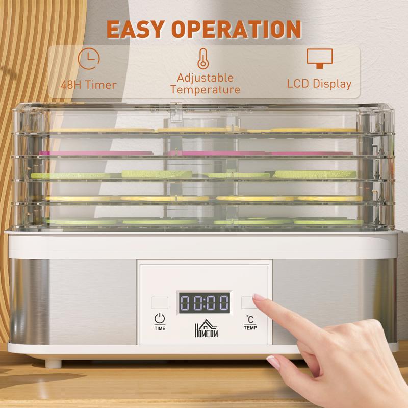 HOMCOM 5 Tier Food Dehydrator, 245W Stainless Steel Food Dryer Machine with Adjustable Temperature, Timer and LCD Display for Drying Fruit, Meat, Vegetable, Jerky and Pet Treat, White