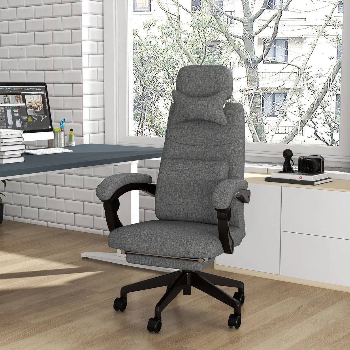 Vinsetto Linen-Look Office Chair, with 160 Reclining Back and Footrest - Grey