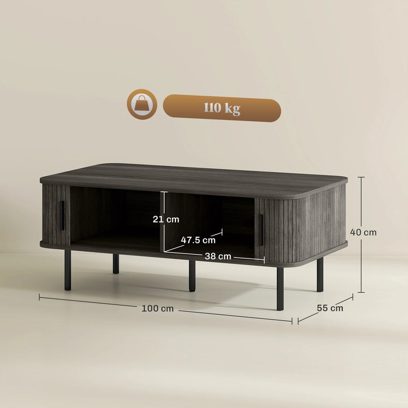 HOMCOM Coffee Table with Storage, Living Room Table with Slatted Tambour Sliding Doors and Foot Pads, Rectangular Coffee Table with Elevated Base for Living Room, Grey Wood-Effect