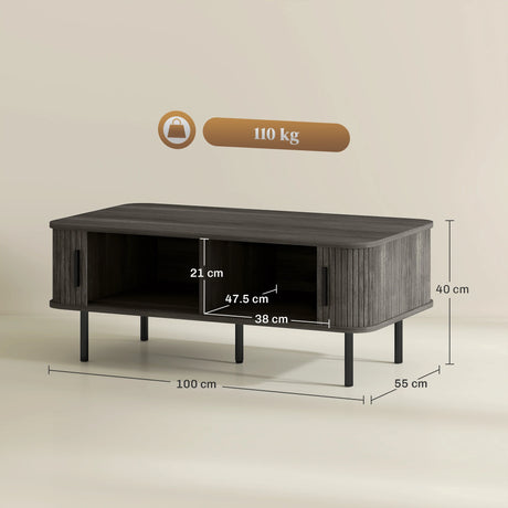 HOMCOM Coffee Table with Storage, Living Room Table with Slatted Tambour Sliding Doors and Foot Pads, Rectangular Coffee Table with Elevated Base for Living Room, Grey Wood-Effect