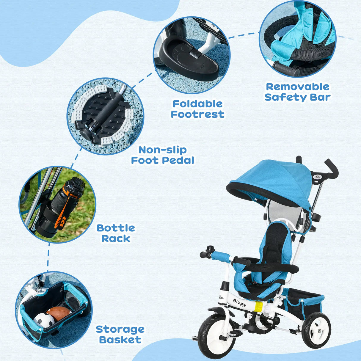 HOMCOM 6 in 1 Kids Trike Push Bike w/ Push Handle, Canopy, 5-point Seat Belt, Storage, Footrest, Brake, for 1-5 Years, Blue