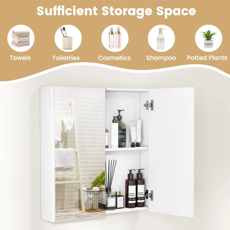 Medicine Cabinet with Mirror and Double Mirrored Doors -White