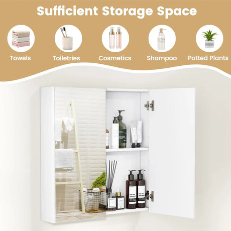 Medicine Cabinet with Mirror and Double Mirrored Doors -White