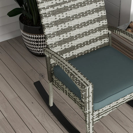 Outsunny PE Rattan Garden Rocking Chair, Outdoor Rocking with Cushion, 160 KG Capacity Wicker Garden Armchair Rocker with Metal Frame for Patio, Porch, Balcony, Light Grey
