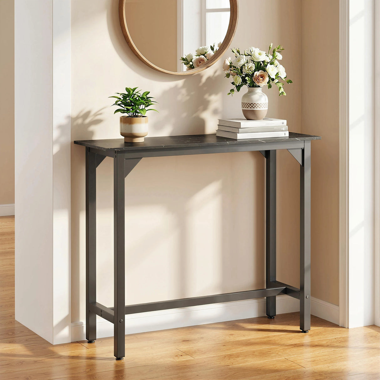 HOMCOM Rectangular Bar Table, Marble Effect Pub Coffee Table for Small Space, Breakfast Dining, Black Marble Effect