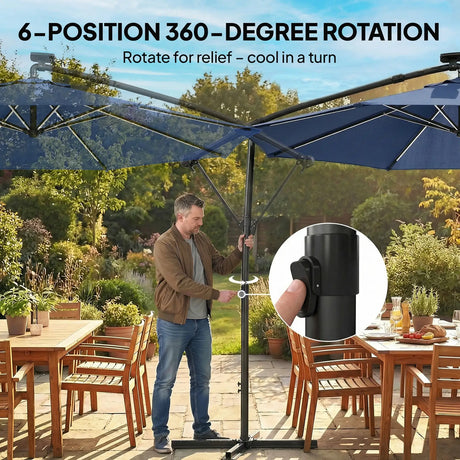 Outsunny 3 m Garden Cantilever Parasol with LED Solar Light, Round Overhanging Umbrella with 360 Rotation, Cover, Navy Blue