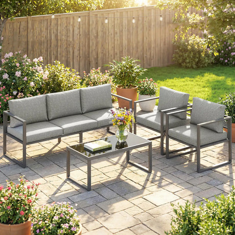 Outsunny 4 Piece Outdoor Garden Furniture Set, Patio Furniture with 3-Seater Sofa, Armchairs and Coffee Table