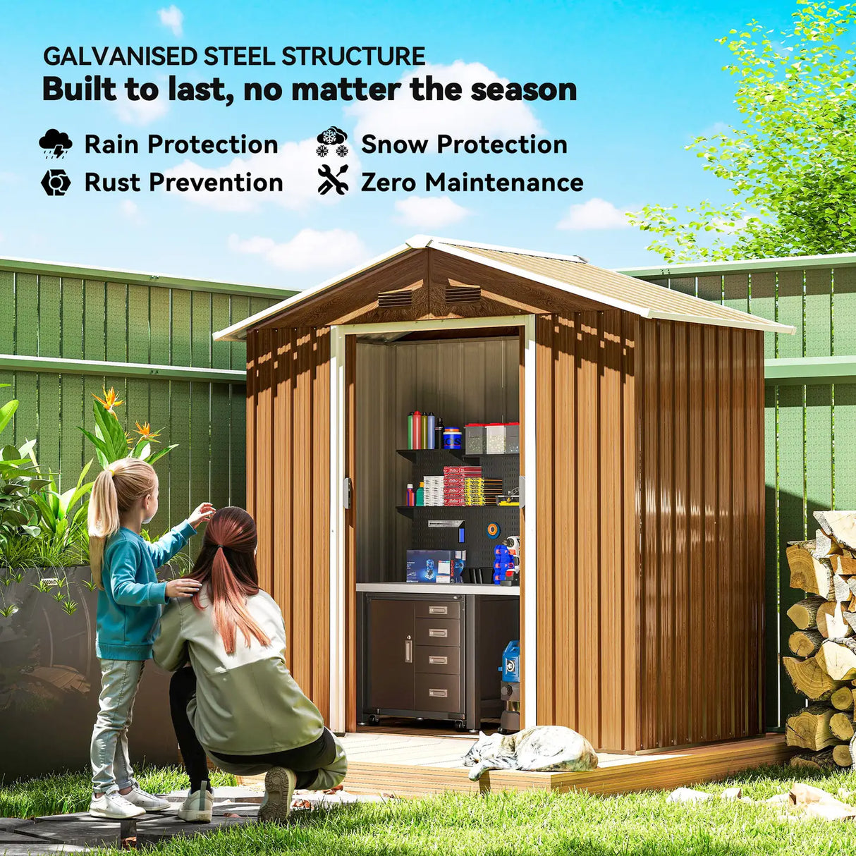 Outsunny 6.5 x 3.5ft Metal Garden Storage Shed - Brown Wood Effect