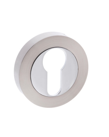 Mediterranean Euro Escutcheons on Round Rose - Satin Nickel/Polished Chrome - Pair