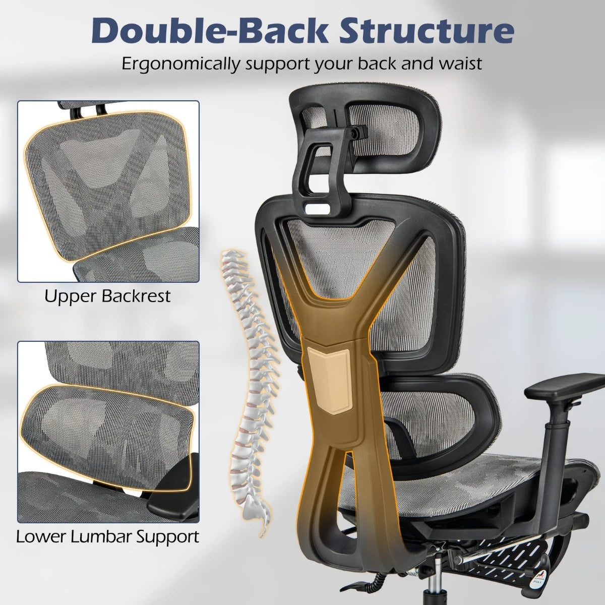 Mesh Office Chair with Retractable Footrest and Waterfall Seat-Grey