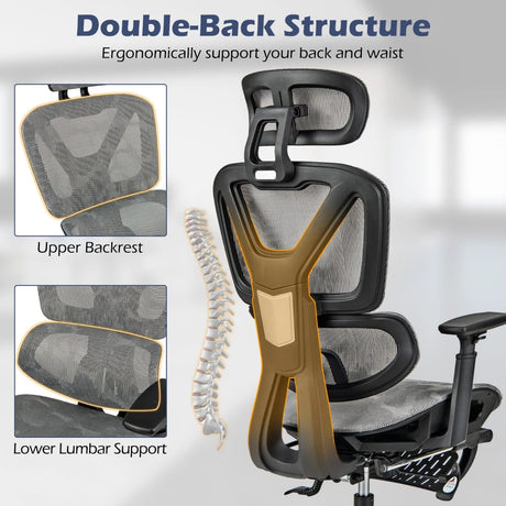 Mesh Office Chair with Retractable Footrest and Waterfall Seat-Grey