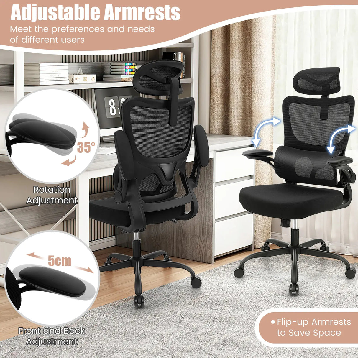 Mesh Office Chair with Adaptive Lumbar Support, Flip-up Armrests, Reclining Backrest-Black