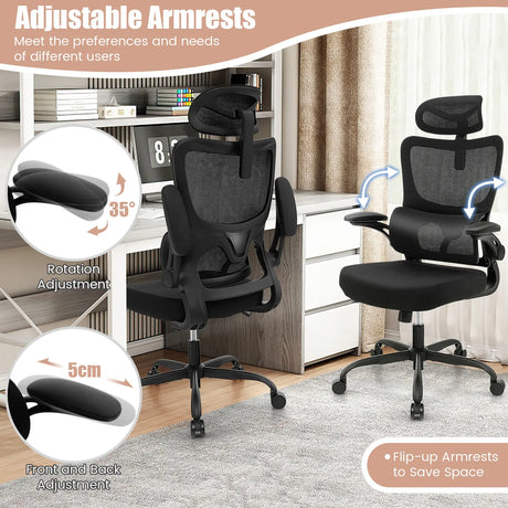 Mesh Office Chair with Adaptive Lumbar Support, Flip-up Armrests, Reclining Backrest-Black