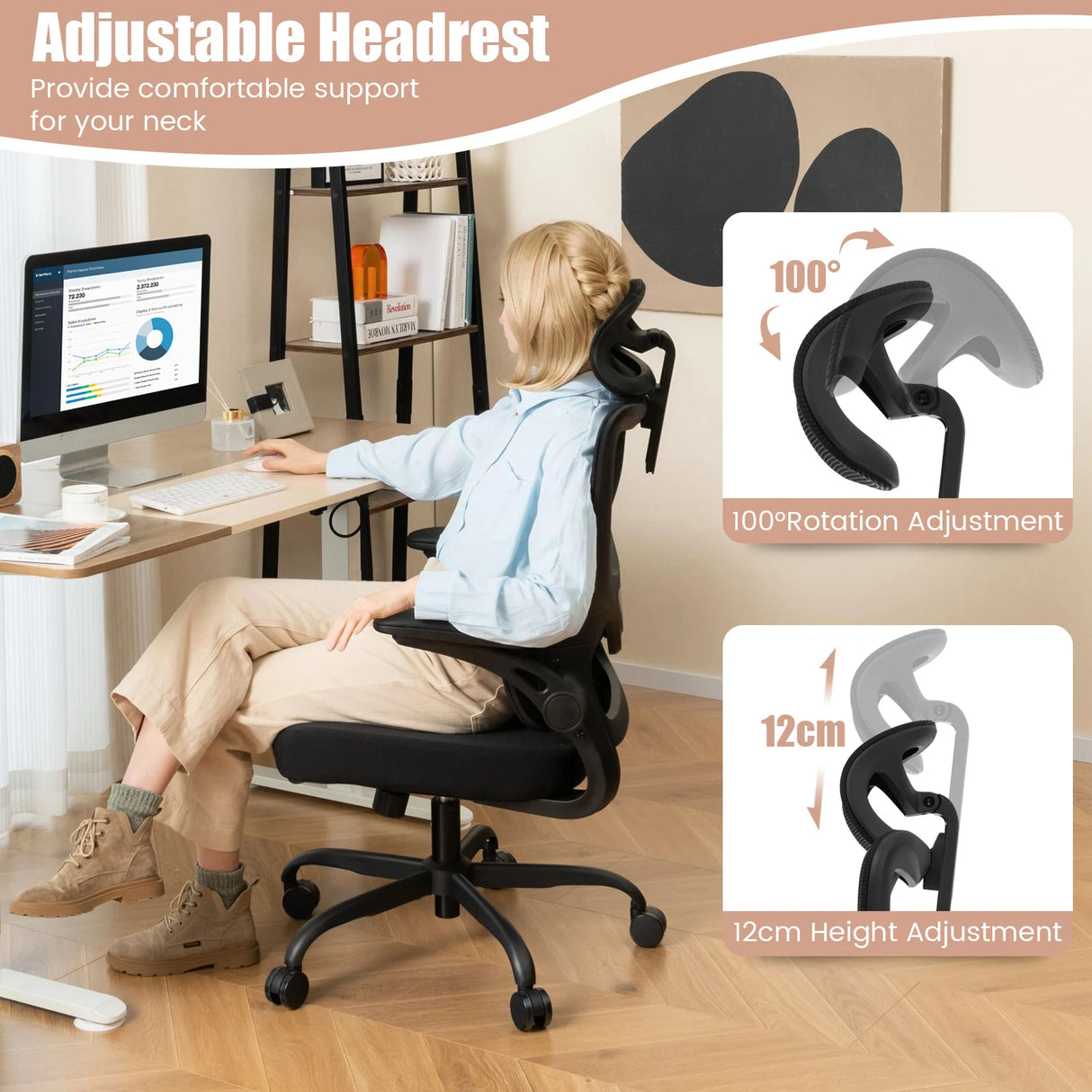 Mesh Office Chair with Adaptive Lumbar Support, Flip-up Armrests, Reclining Backrest-Black