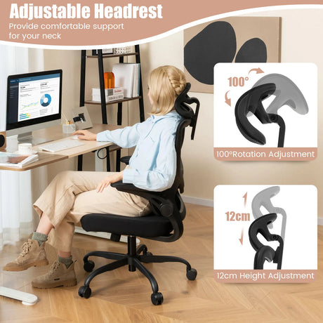 Mesh Office Chair with Adaptive Lumbar Support, Flip-up Armrests, Reclining Backrest-Black